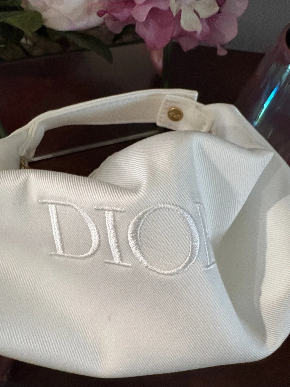 Dior White Embroidered Logo Cosmetic Pouch